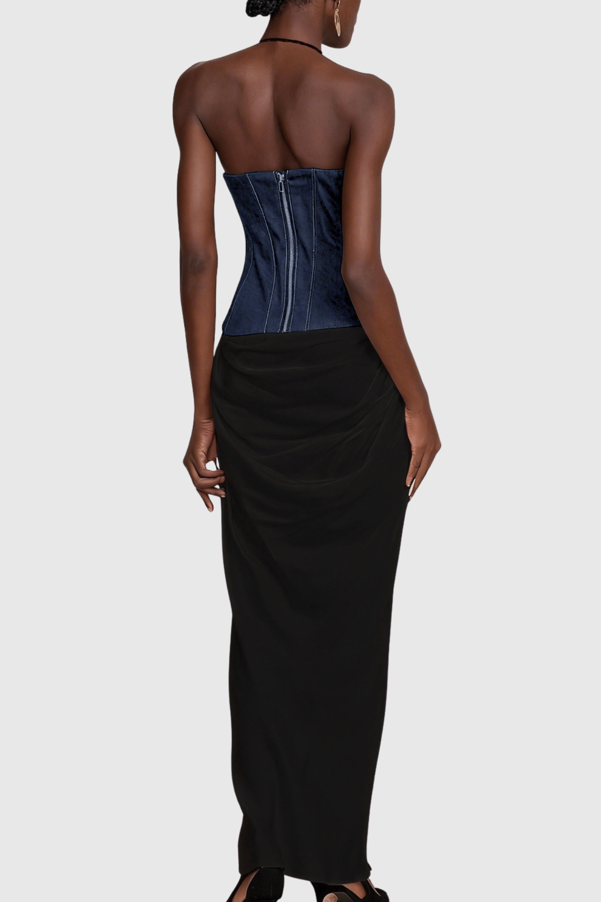 Flynn Halter Denim Corset Ruched Maxi Dress In Black