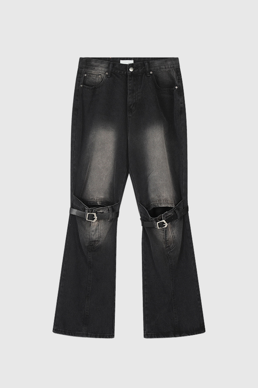 Liora Buckle Embellished Wide Leg Jeans In Black