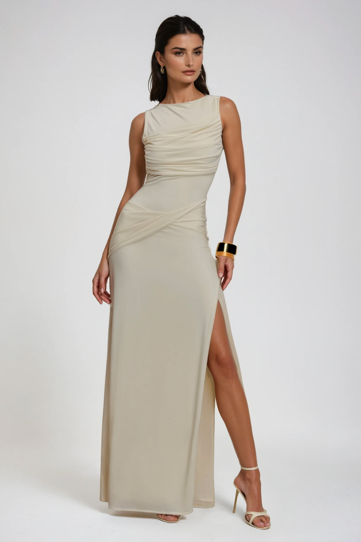 Deanne Sleeveless High Split Maxi Dress In White – Couture Denims