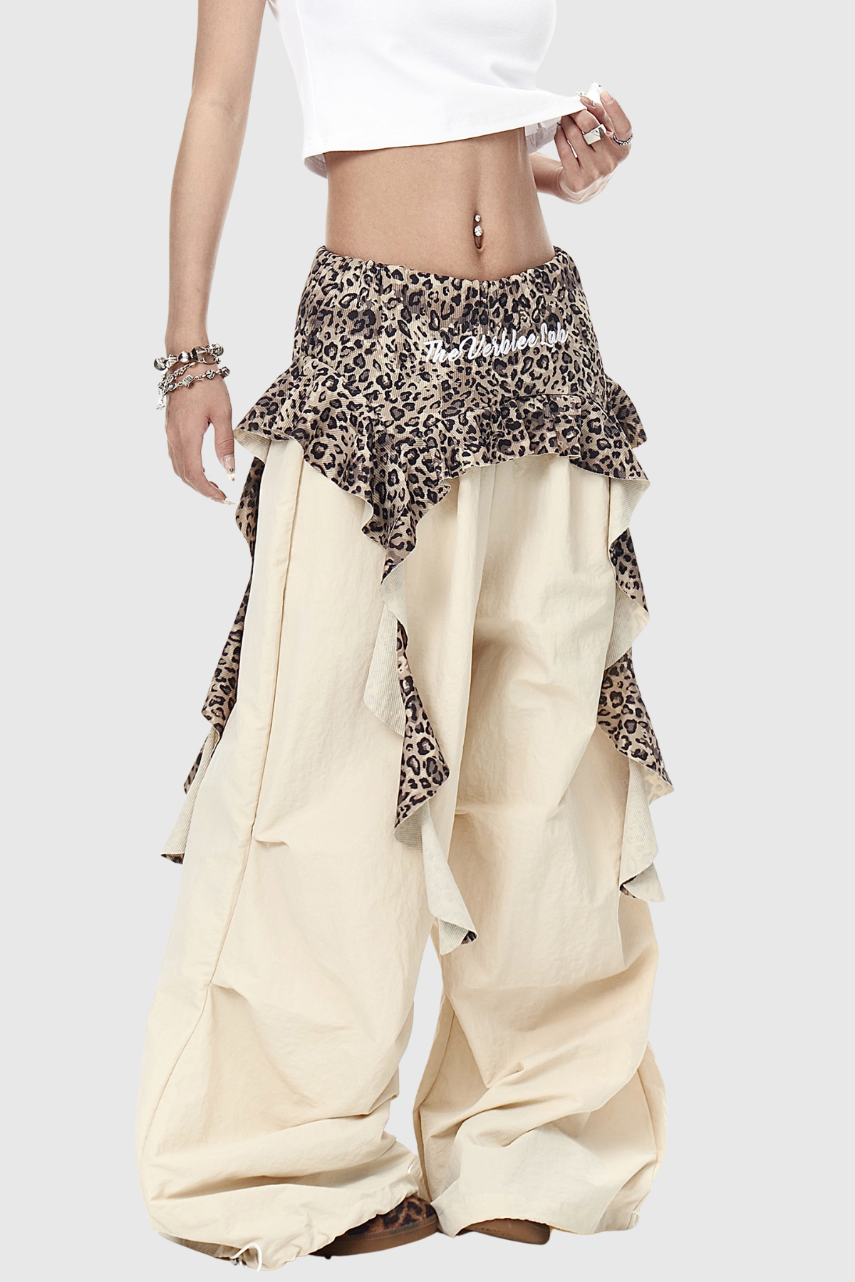 Deepali Leopard Ruffle Deconstruct Pants In Apricot
