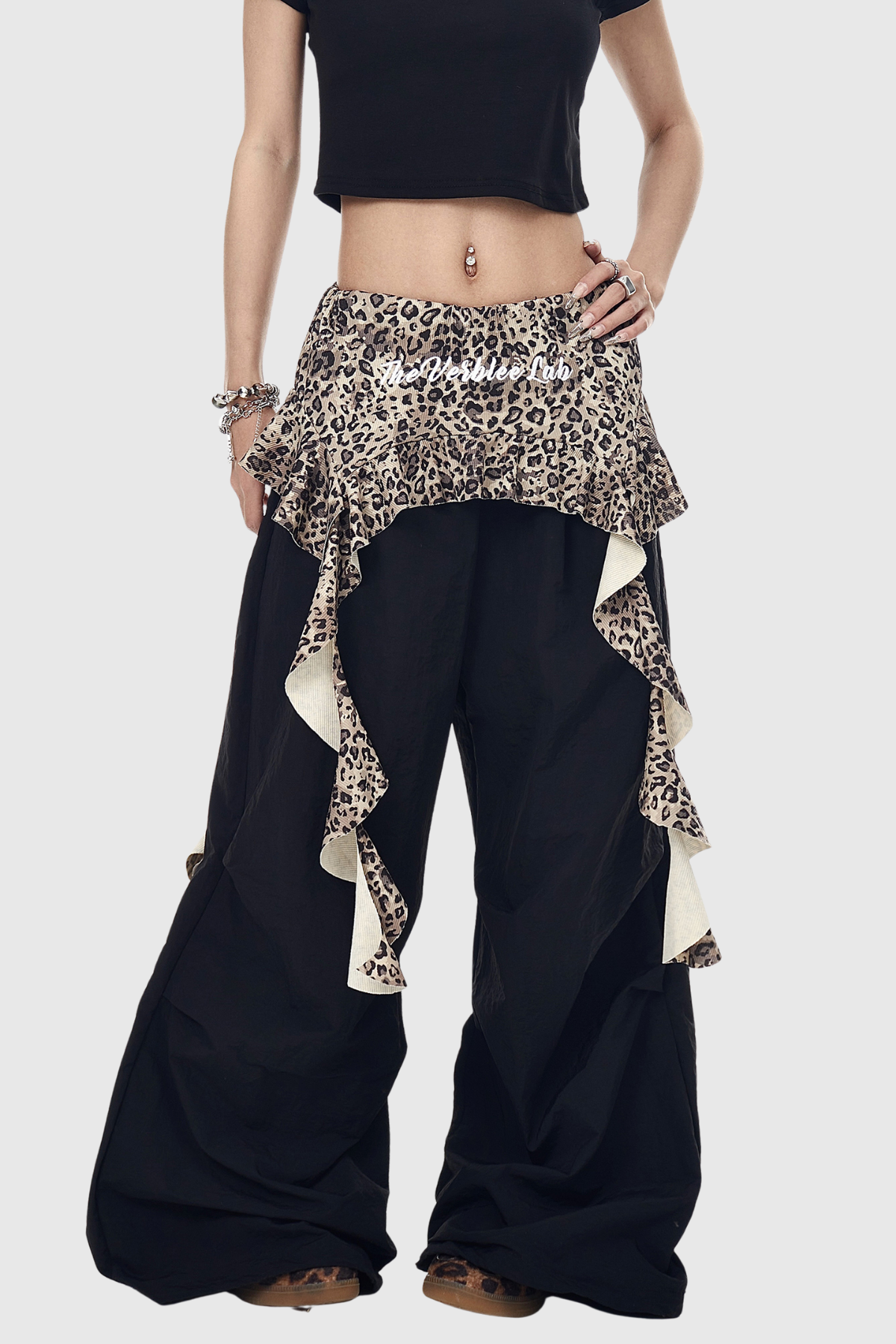 Deepali Leopard Ruffle Deconstruct Pants In Black