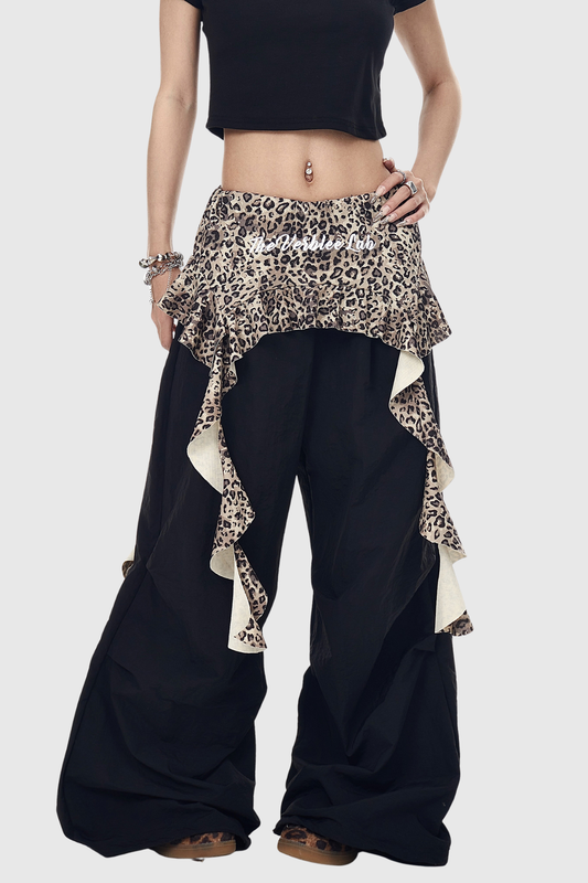 Deepali Leopard Ruffle Deconstruct Pants In Black