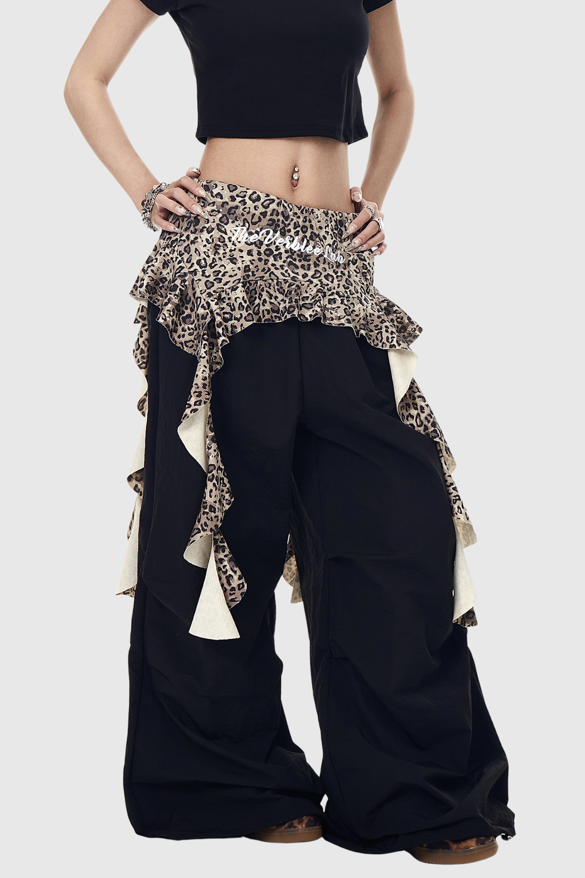 Deepali Leopard Ruffle Deconstruct Pants In Black