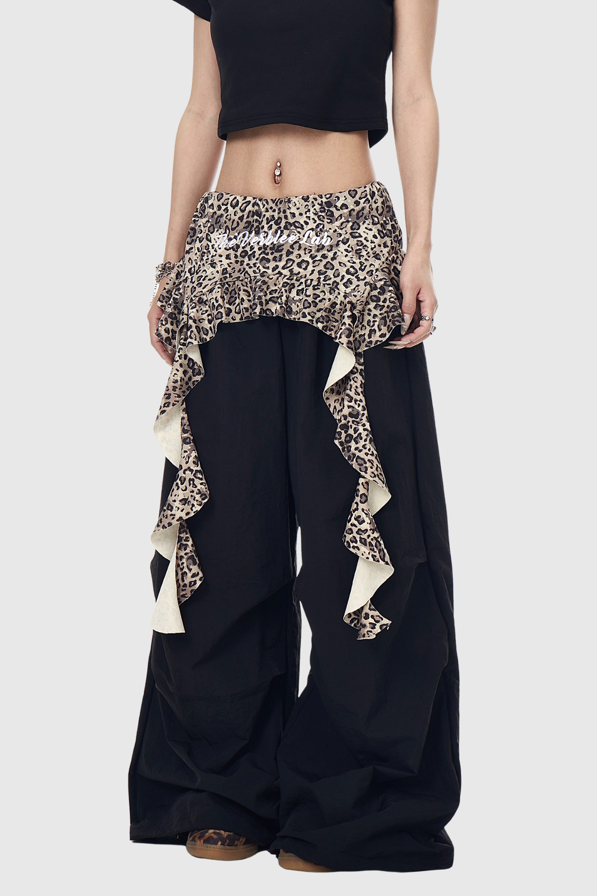 Deepali Leopard Ruffle Deconstruct Pants In Black