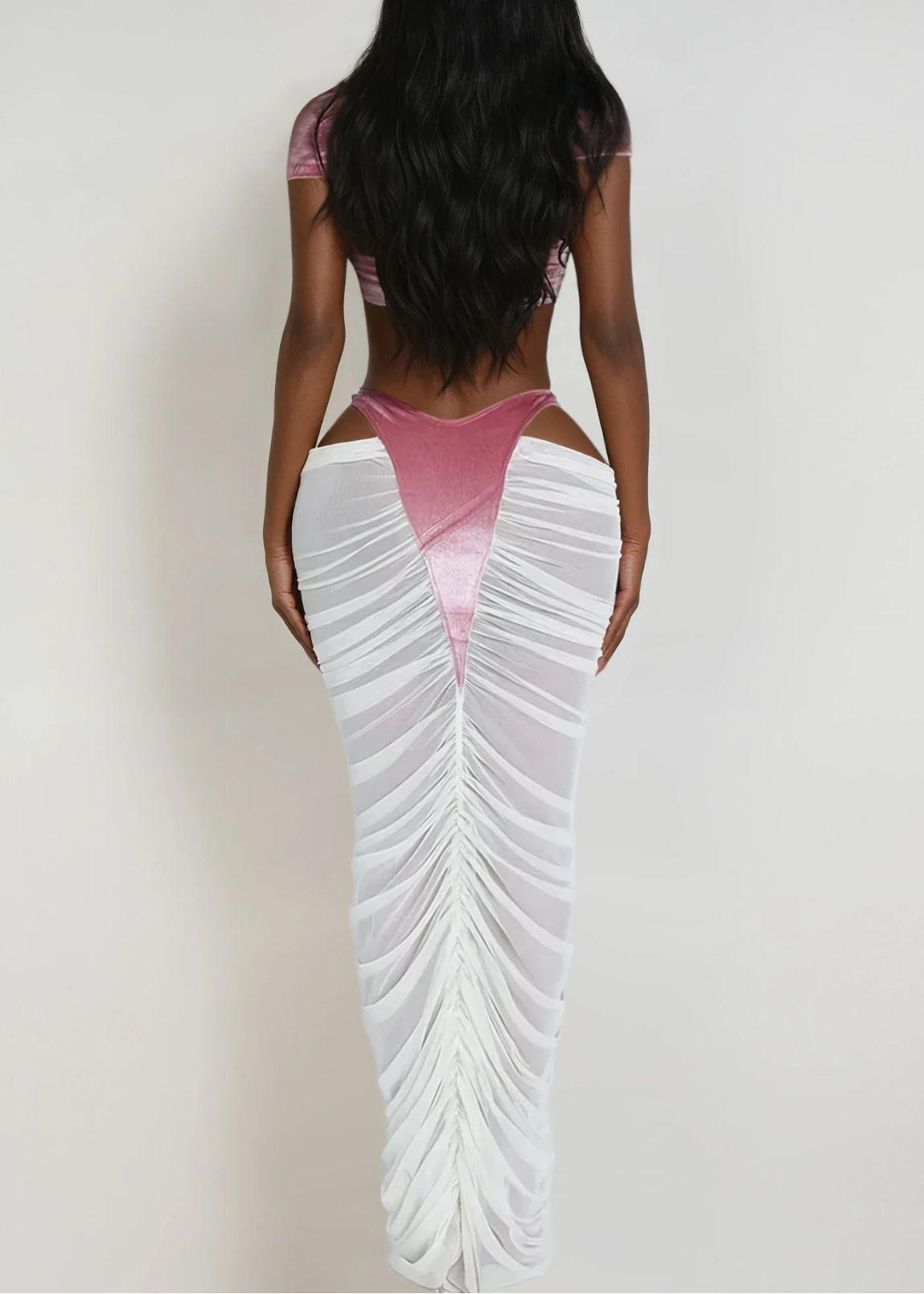 Dobrica Crop Cutout Mesh Skirt Set In Pink