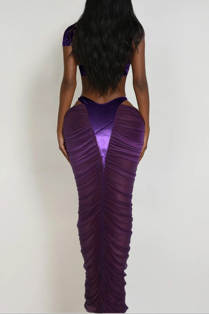 Dobrica Crop Cutout Mesh Skirt Set In Purple