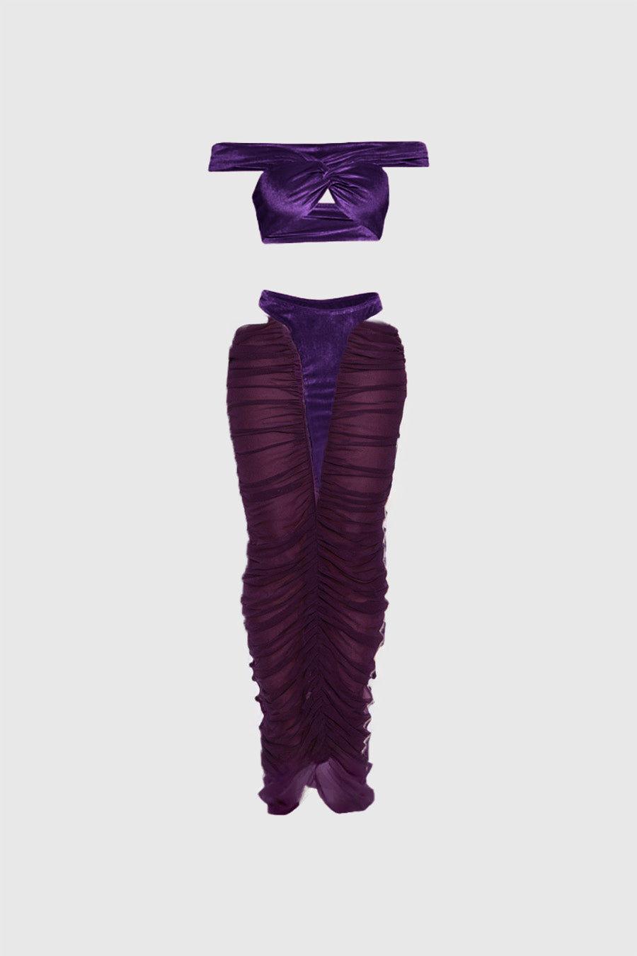 Dobrica Crop Cutout Mesh Skirt Set In Purple