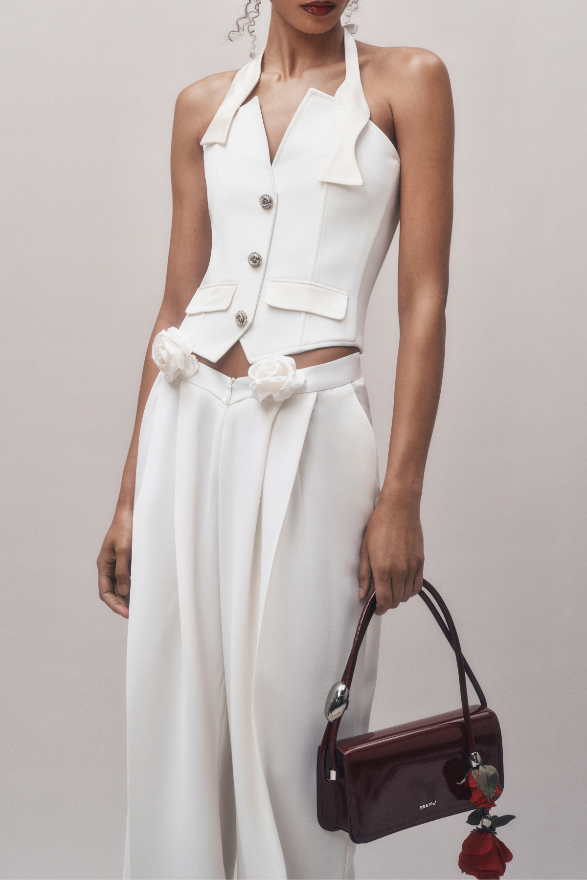 Devrim Flower Button Backless Top