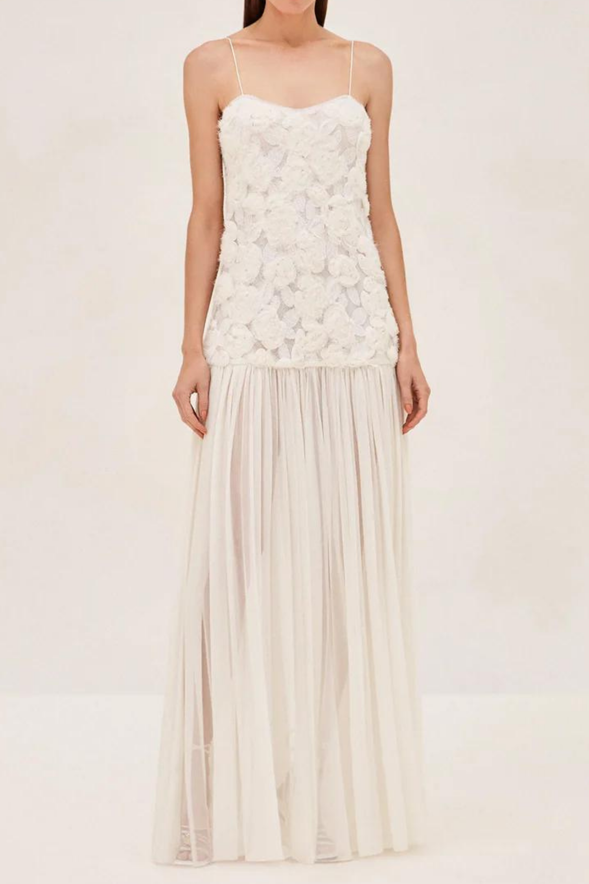 Cain Spaghetti Flower Mesh Maxi Dress In White