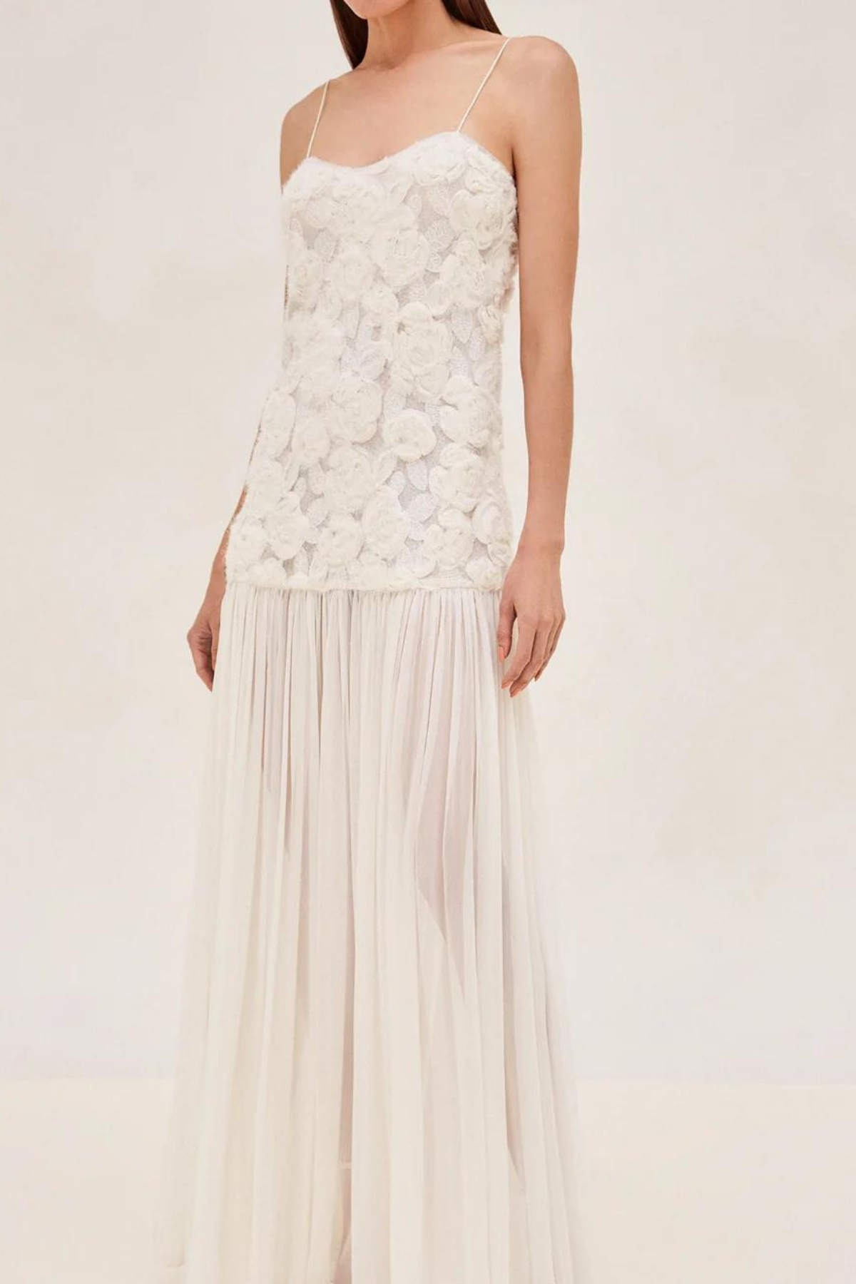 Cain Spaghetti Flower Mesh Maxi Dress In White