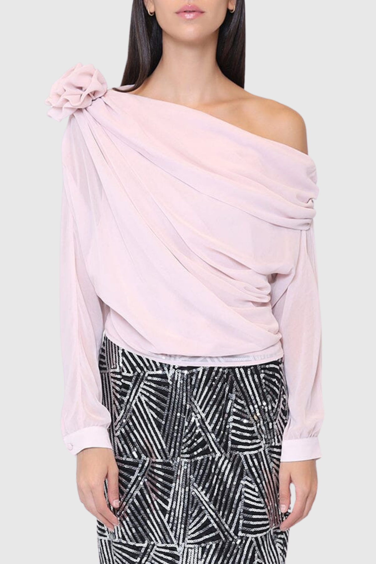 Kuba Flower Single Shoulder Mesh Top In Pink