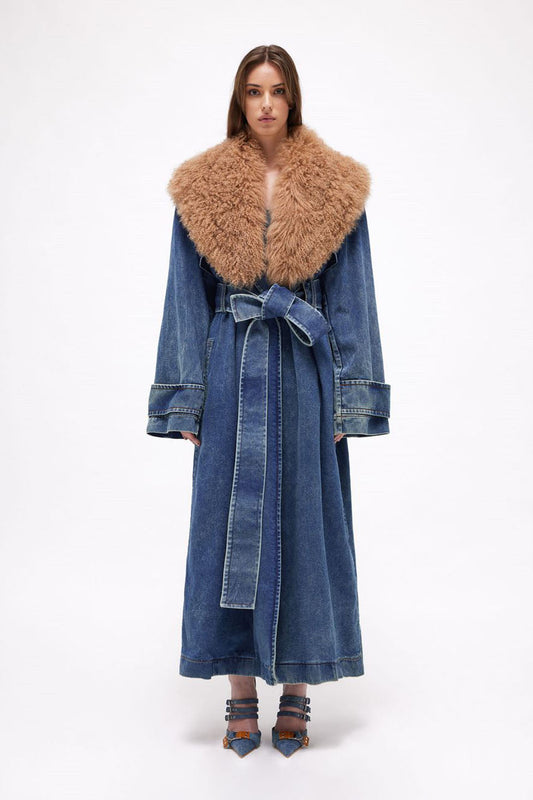 Zafira Fur Collar Lace Up Denim Coat