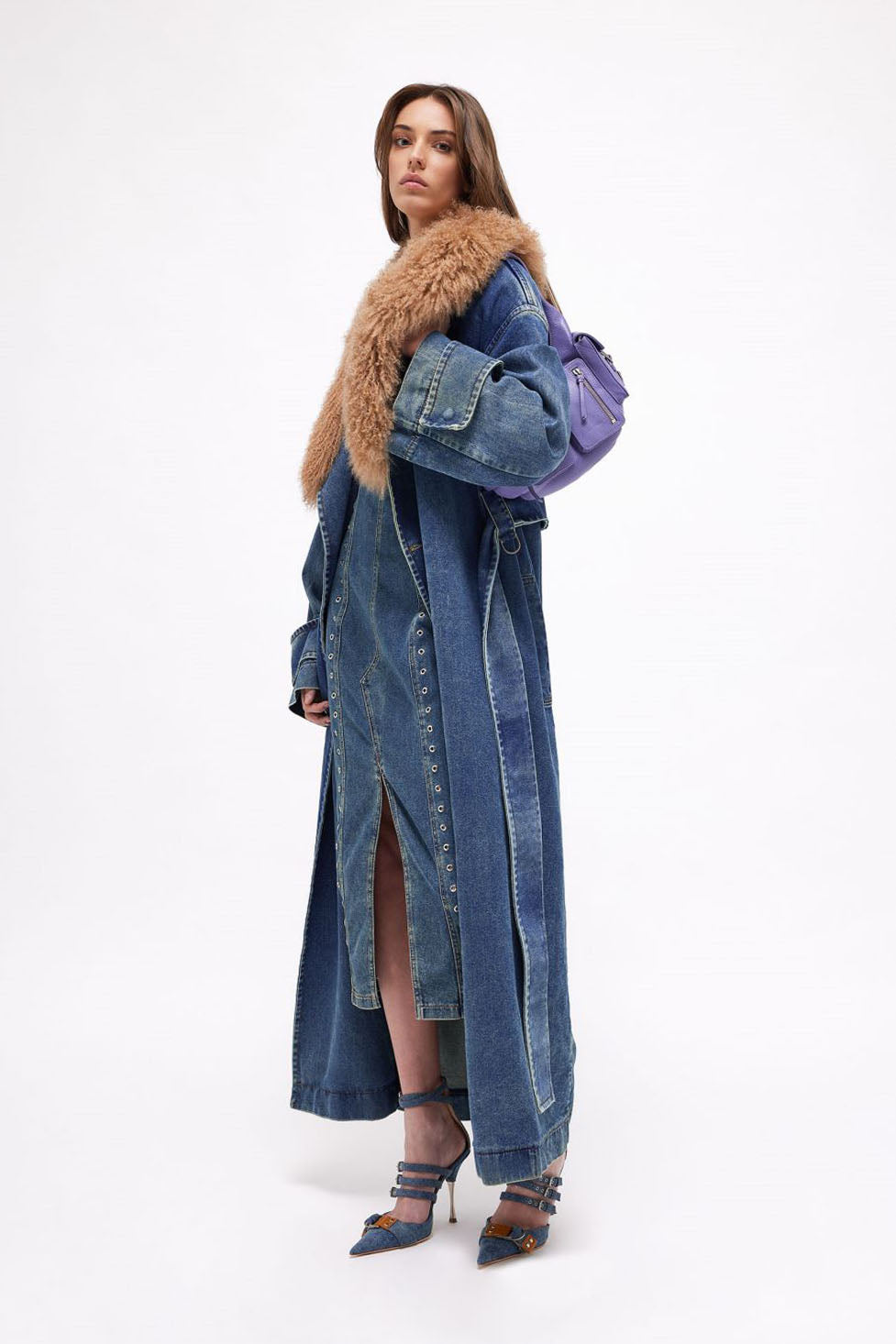 Zafira Fur Collar Lace Up Denim Coat