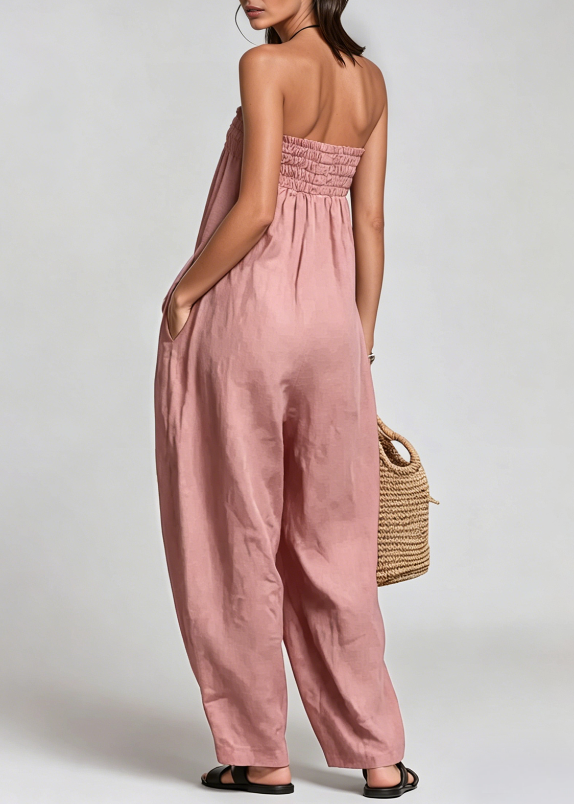 Floro Strapless Ruch Jumpsuit In Blush