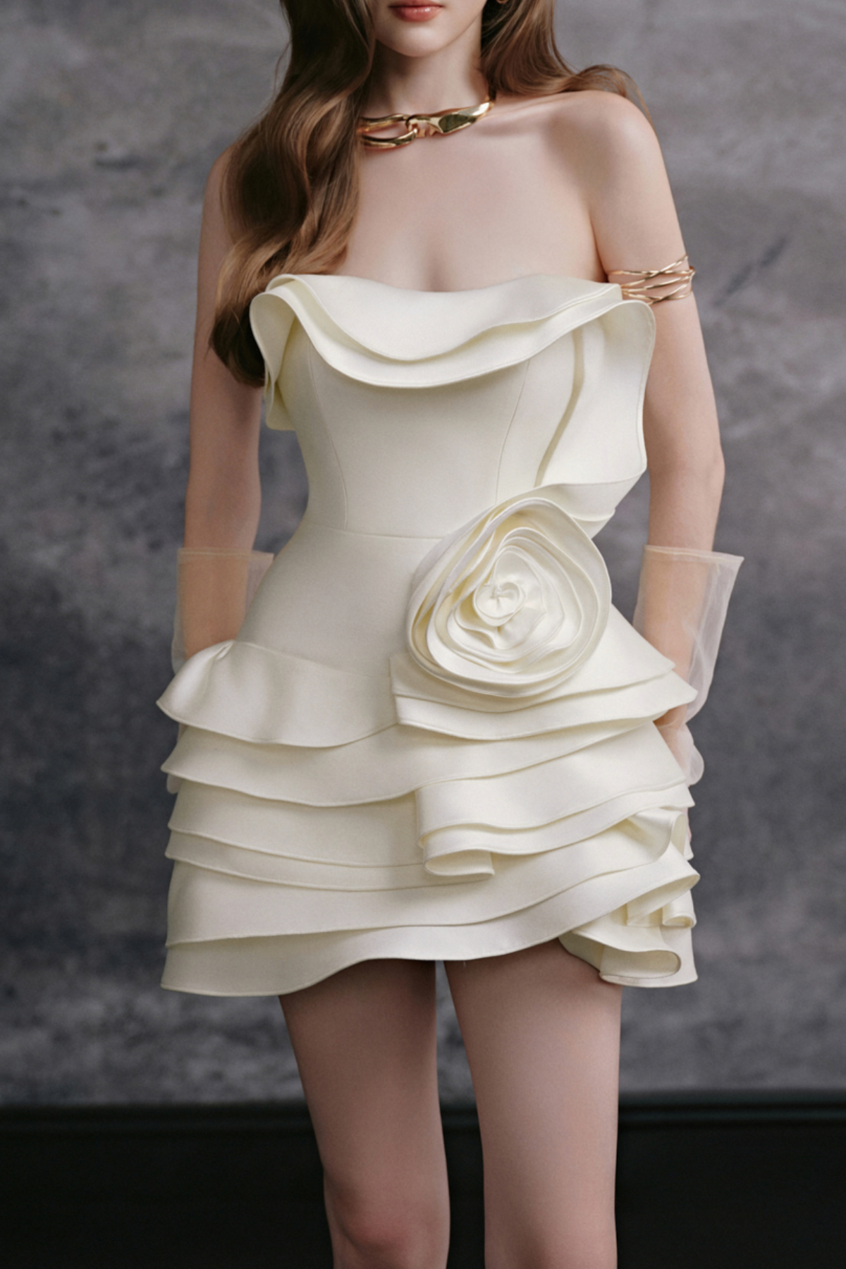 Ford Strapless Ruffle Flower Mini Dress