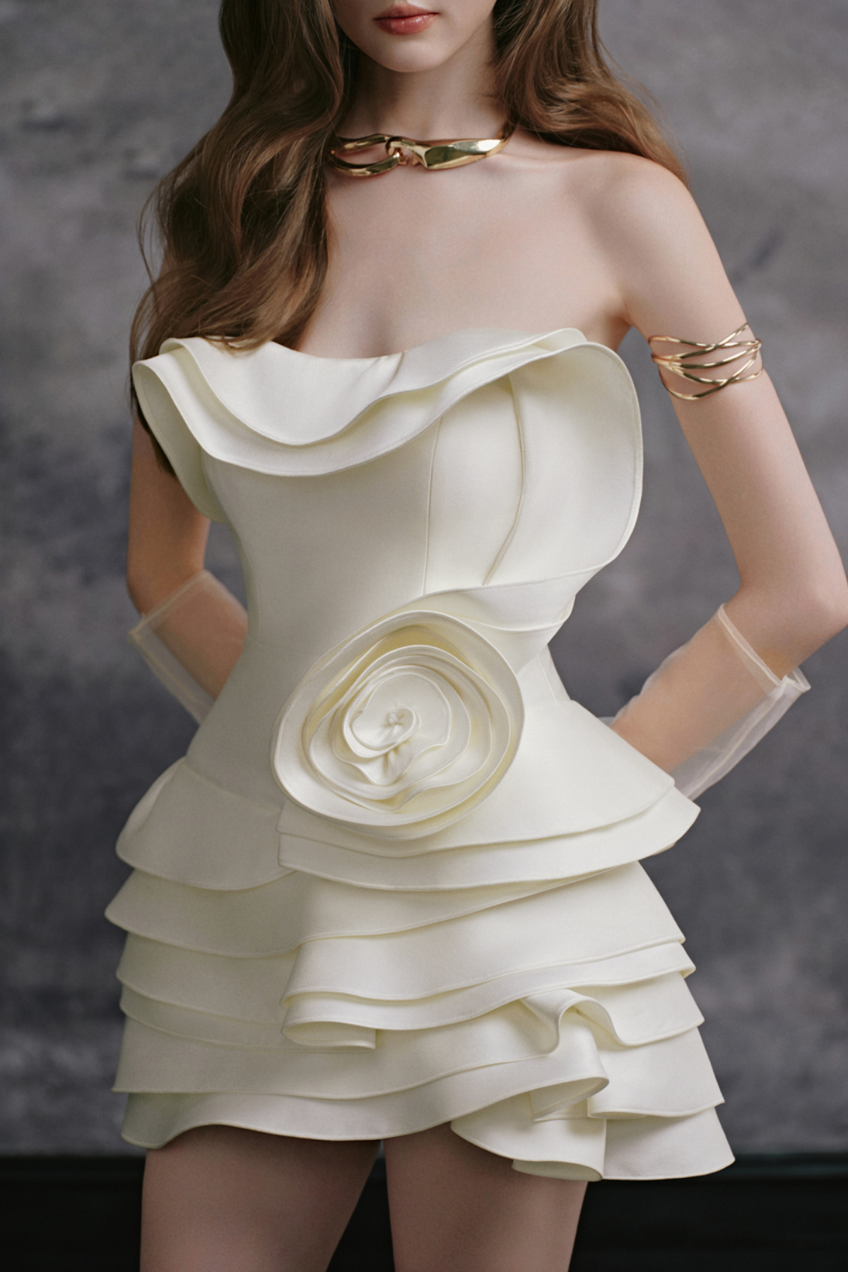 Ford Strapless Ruffle Flower Mini Dress
