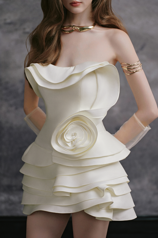 Ford Strapless Ruffle Flower Mini Dress