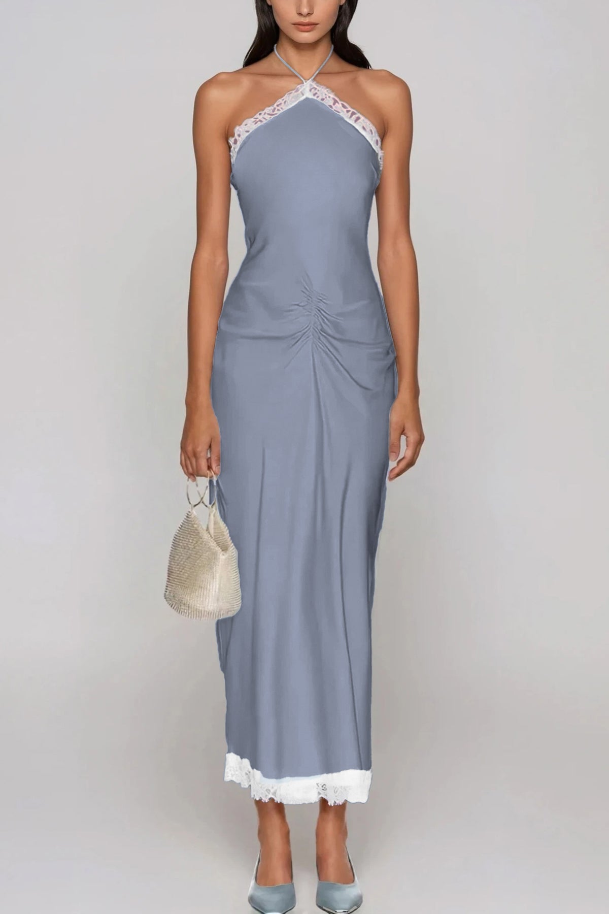 Franca Halter Neck  Lace Satin Midi Dress