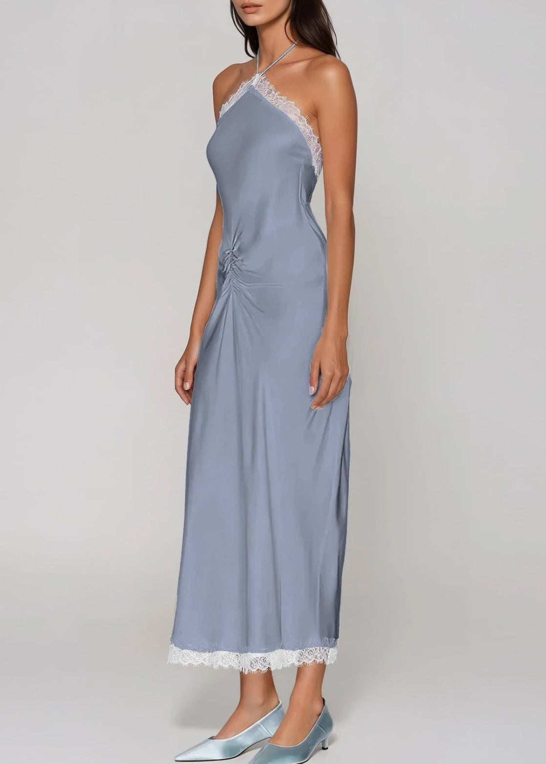 Franca Halter Neck  Lace Satin Midi Dress