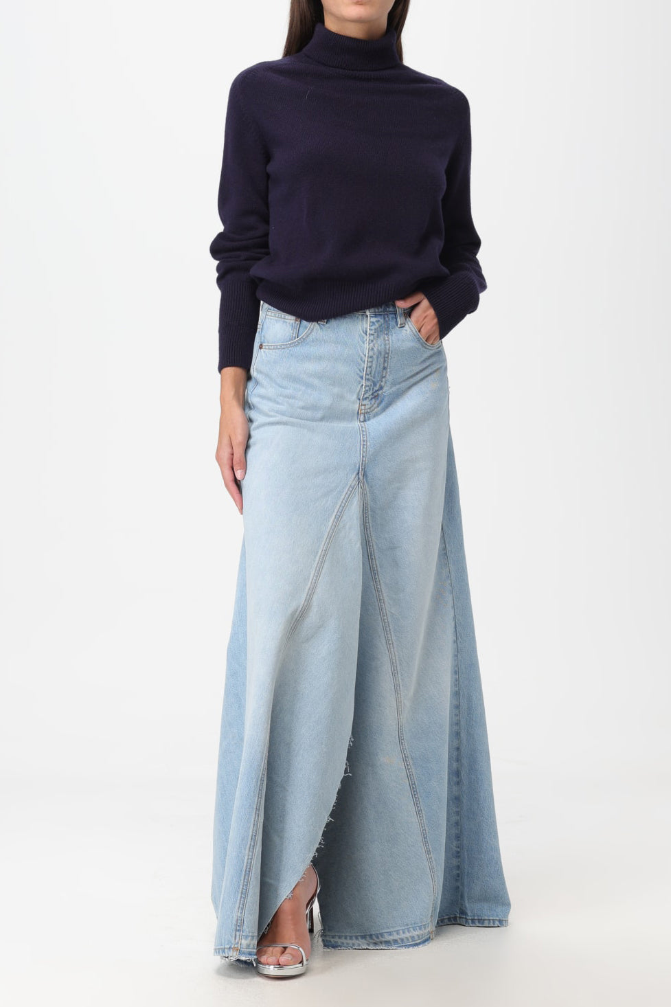 Locava Paneled frayed Denim Skirt