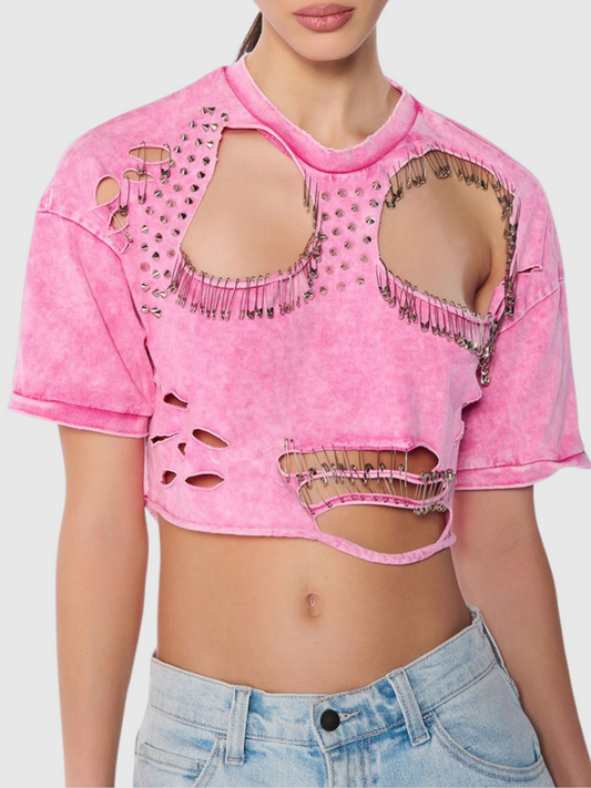 Harlee Hollow Paperclip Embellished T Shirt In Pink