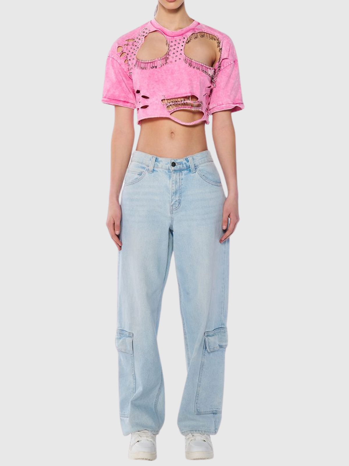 Harlee Hollow Paperclip Embellished T Shirt In Pink