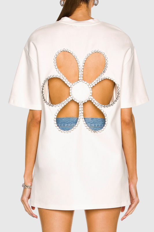 Laguna Rhinestone Embellished Flower T Shirt In White