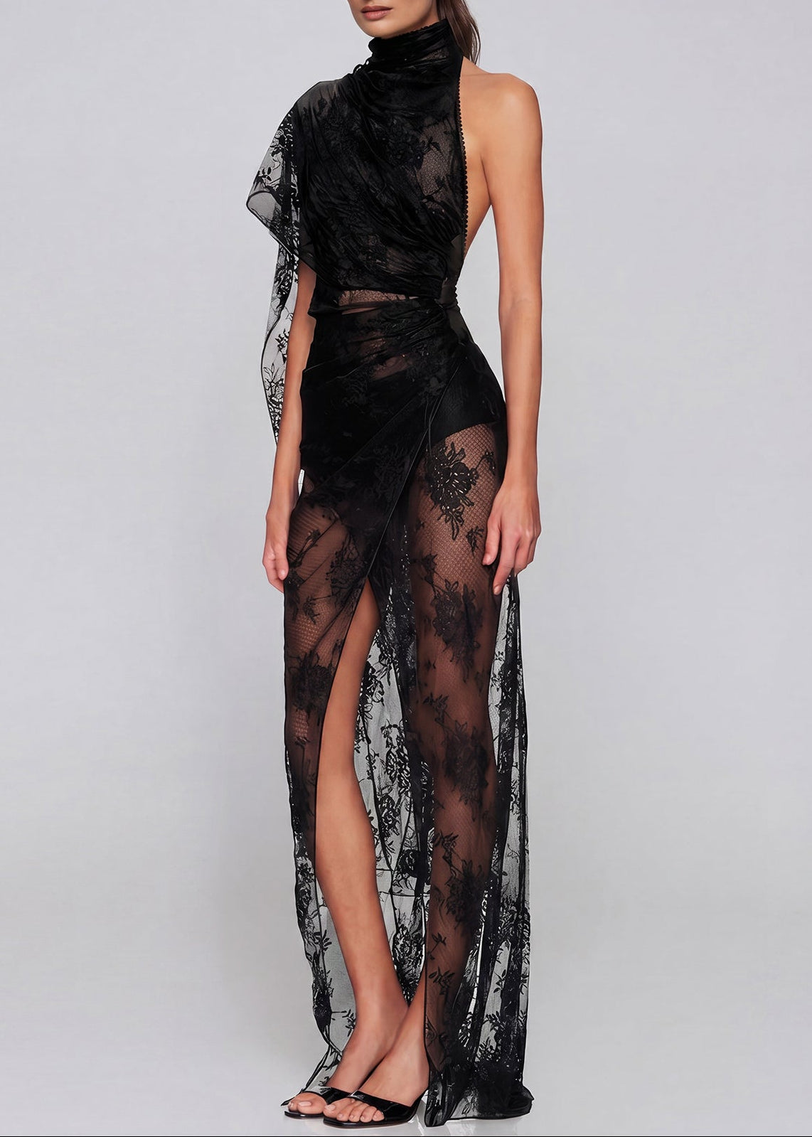 Jaak Asymmetrical Mesh Lace Maxi Dress In Black