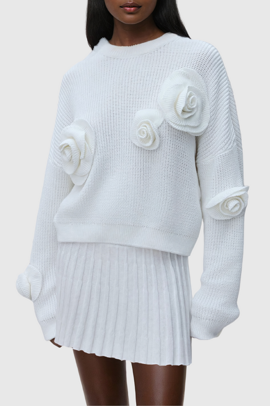 Kretska Flower Long Sleeve Knit Top In White