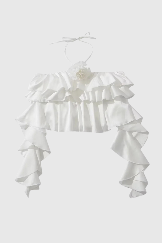 Marisa Flower Ruffle Fringe Top In White