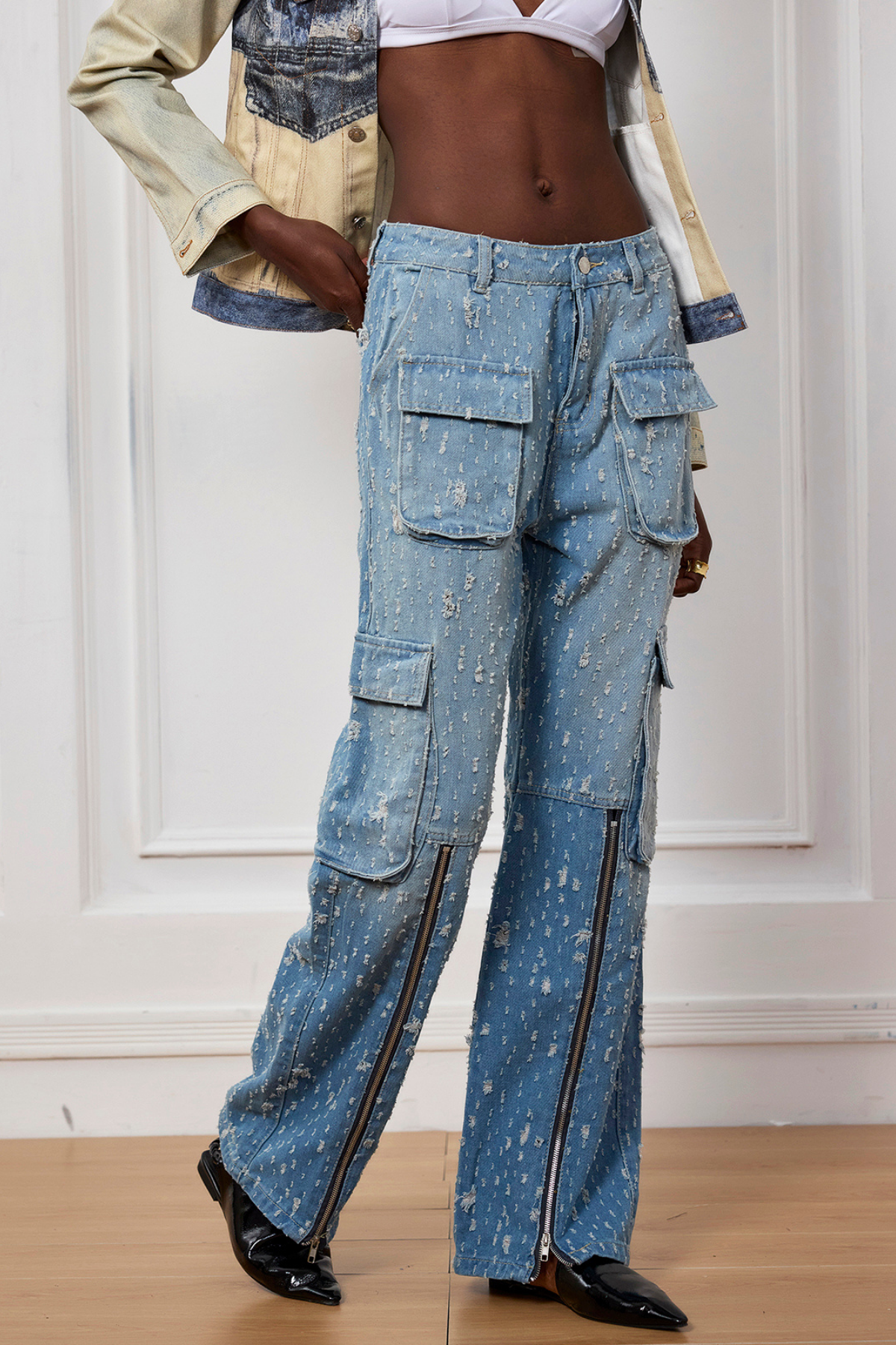 Zack Torn Pocket Zipper Cargo Jeans