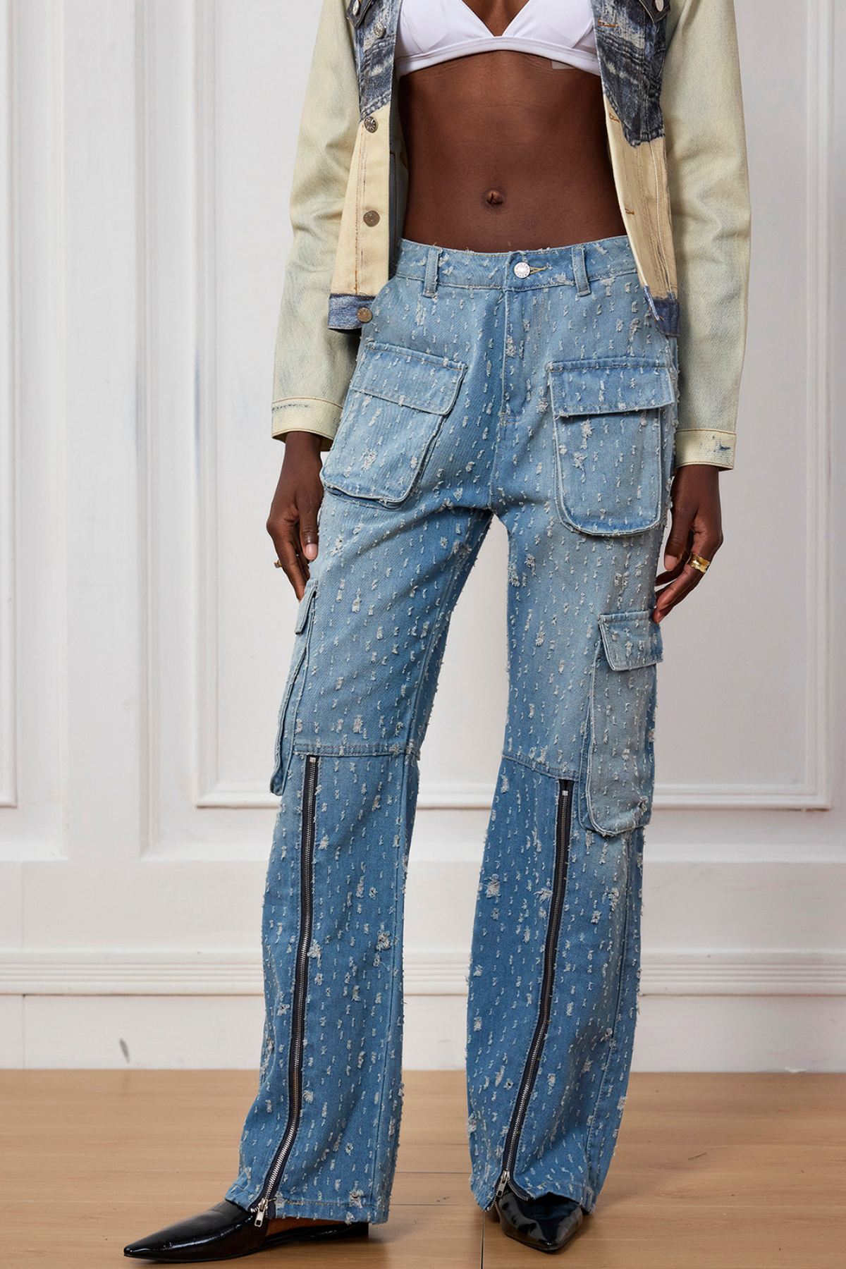 Zack Torn Pocket Zipper Cargo Jeans