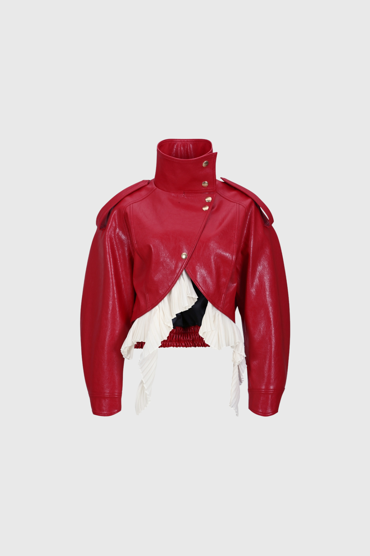 Kimeya High Neck Leather Ruffle Jacket