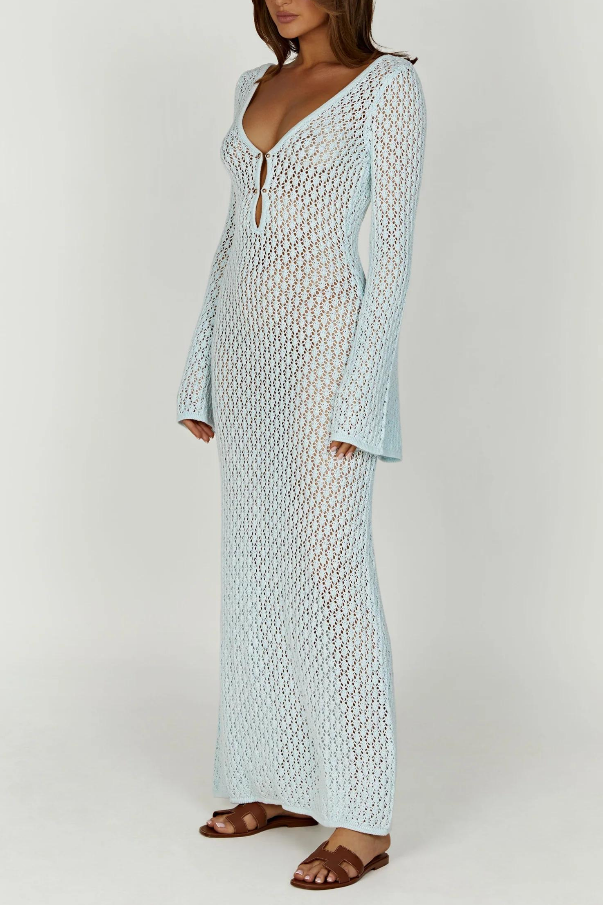 Koa Knit Hollow Plunge Maxi Dress In Blue