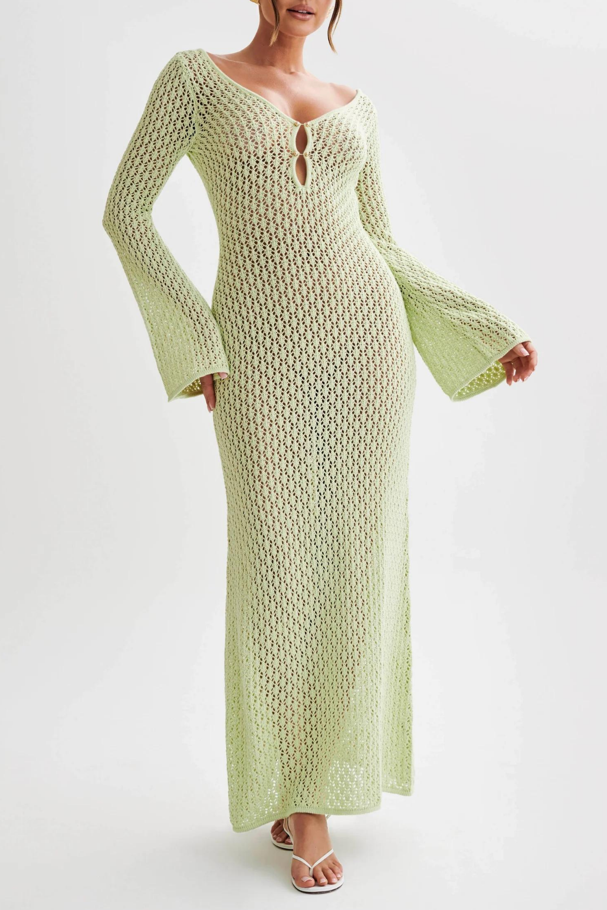 Koa Knit Hollow Plunge Maxi Dress In Green