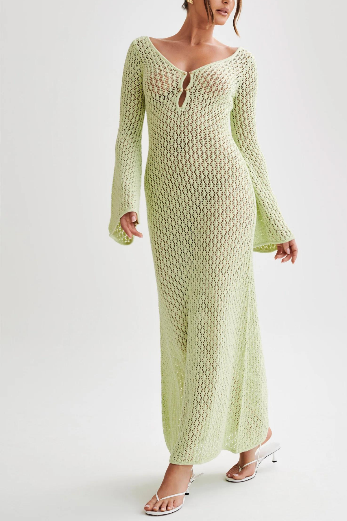 Koa Knit Hollow Plunge Maxi Dress In Green