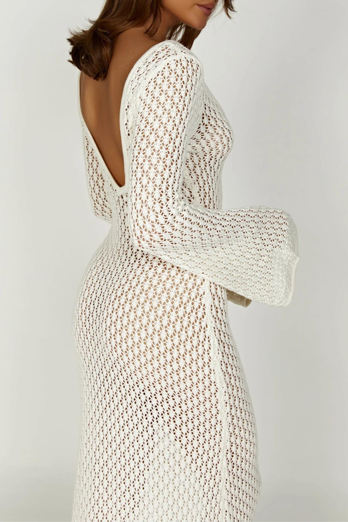 Koa Knit Hollow Plunge Maxi Dress In White