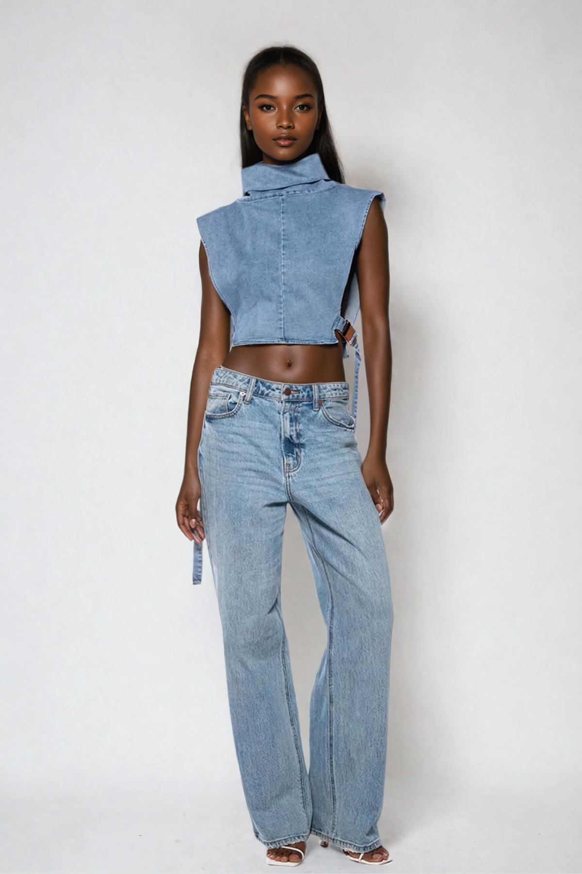 Thala High Neck Cutout Buckle Denim Top