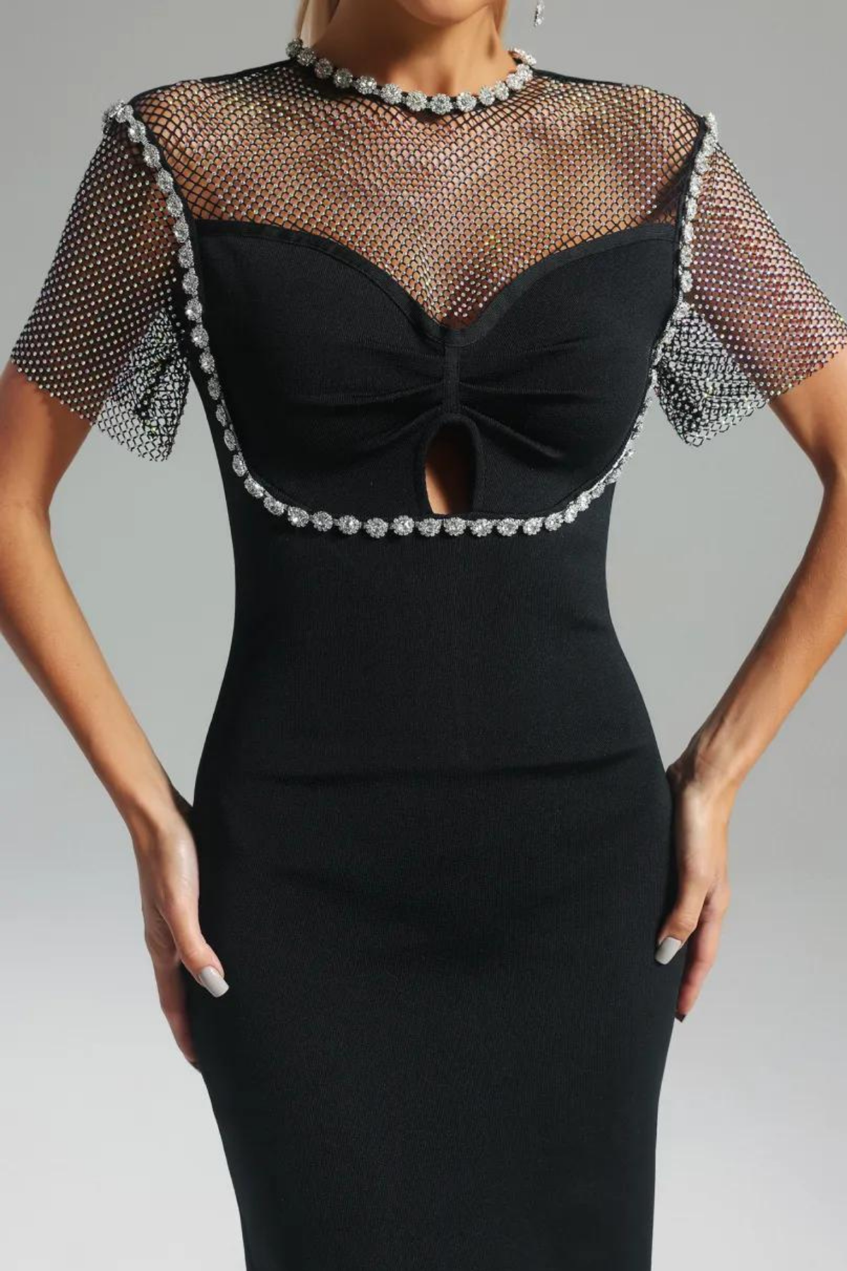 Enzi See Through Rhinestone Embellished Midi Dress In Black