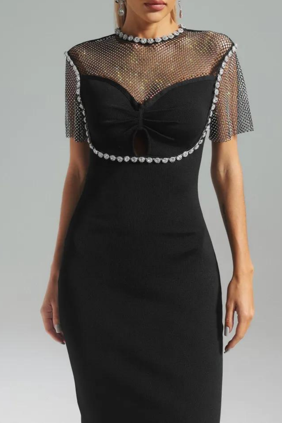 Enzi See Through Rhinestone Embellished Midi Dress In Black