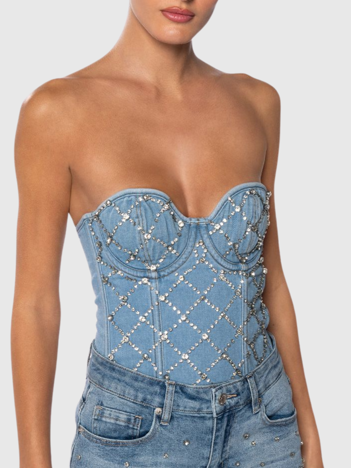 Tippi Fake Diamonds Embellished Strapless Denim Top