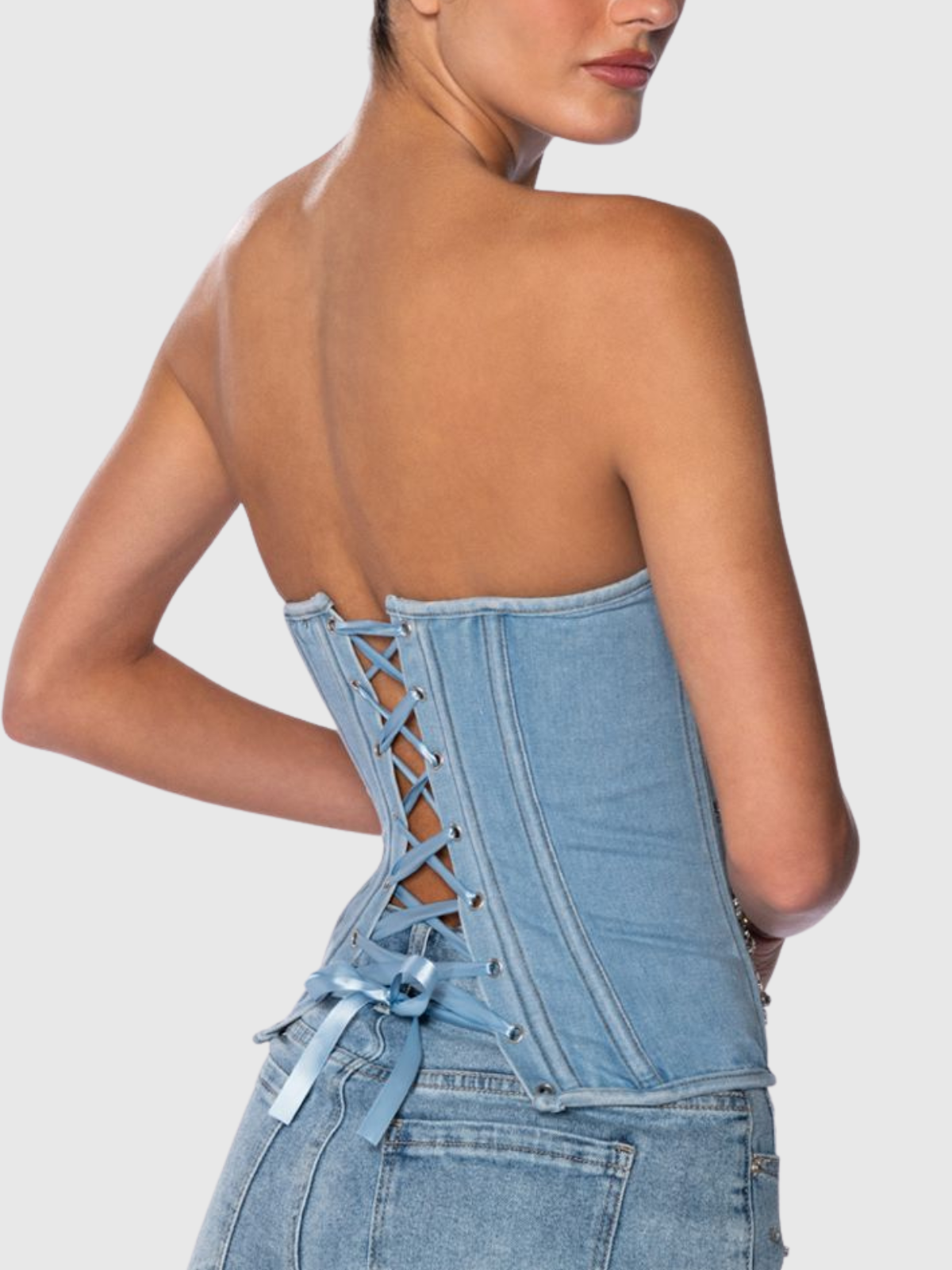 Tippi Fake Diamonds Embellished Strapless Denim Top