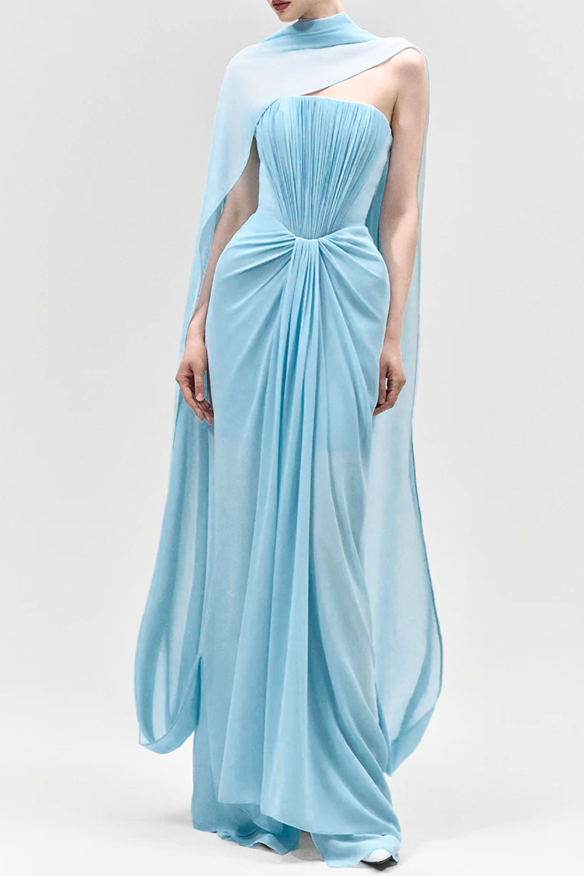 Giselmund Mesh Shawl Draped Maxi Dress In Blue