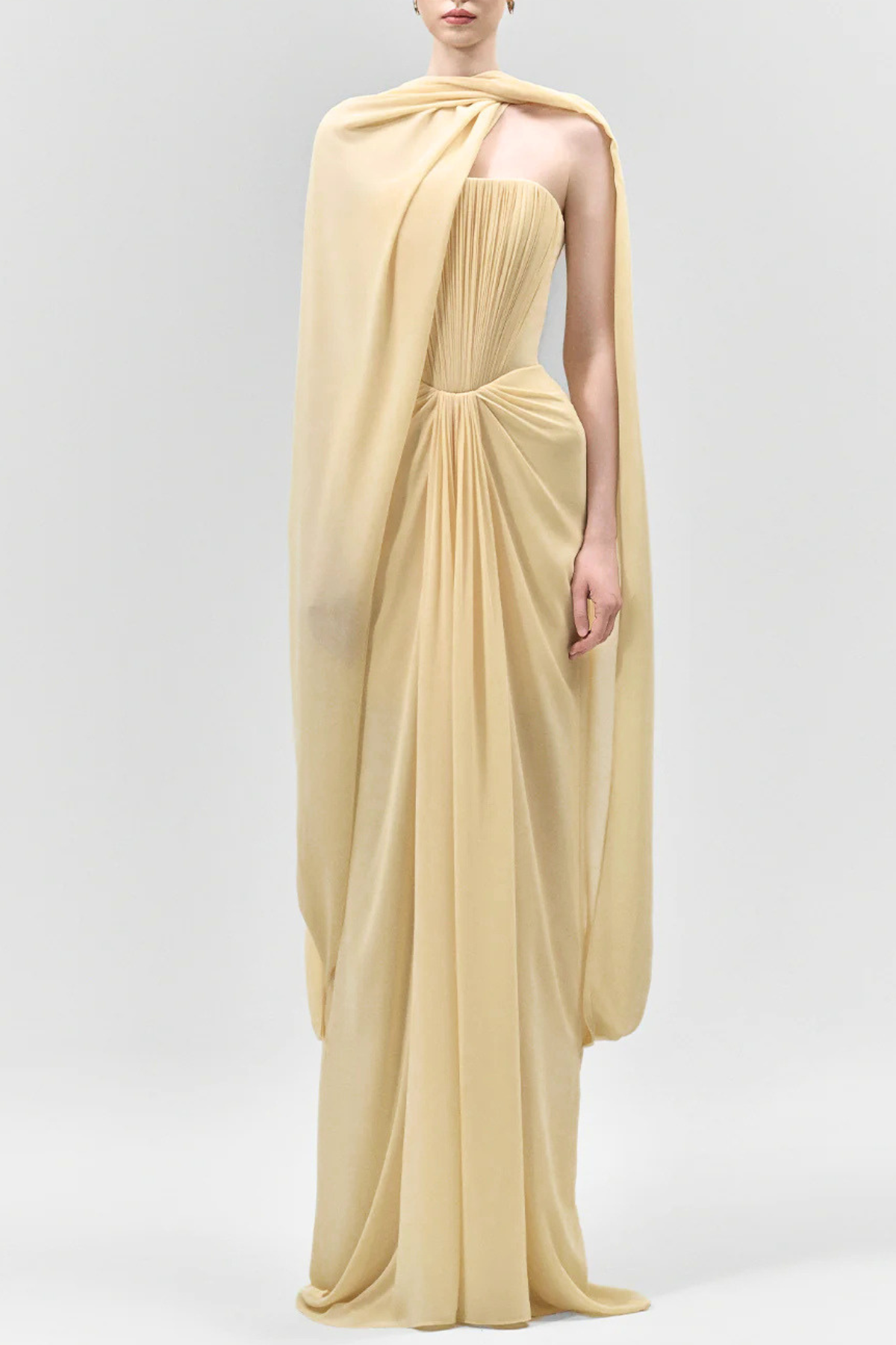 Giselmund Mesh Shawl Draped Maxi Dress In Yellow