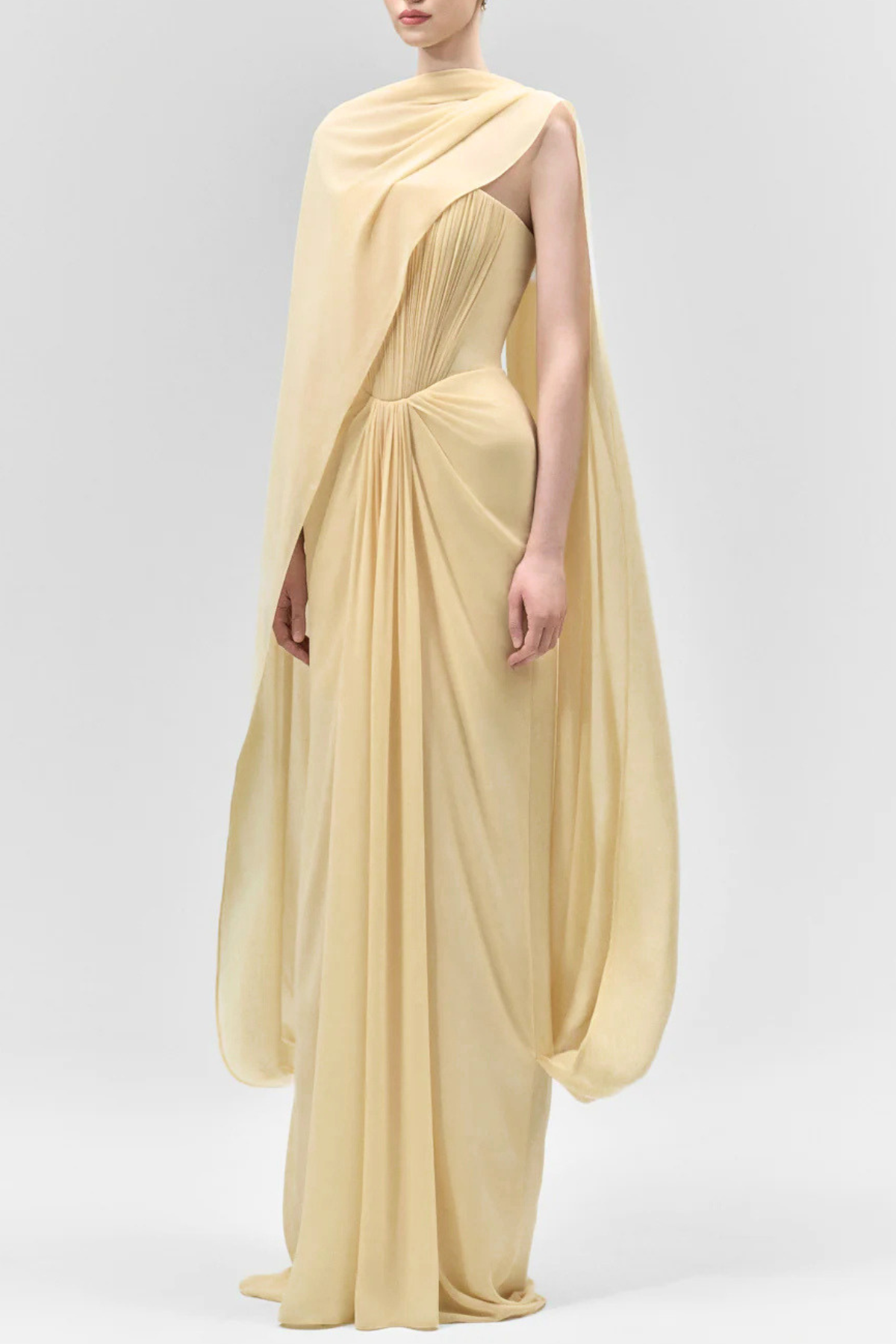 Giselmund Mesh Shawl Draped Maxi Dress In Yellow