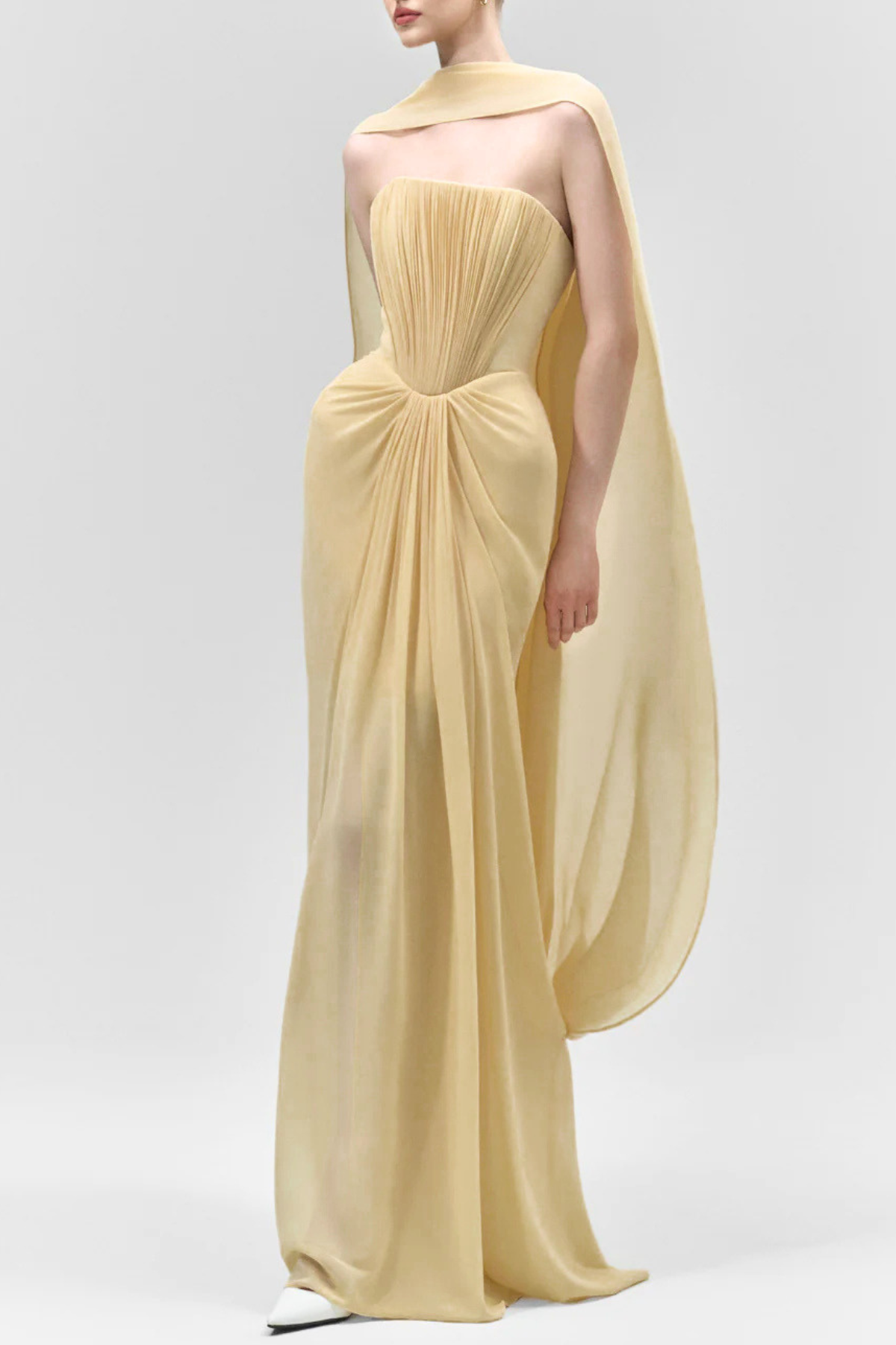 Giselmund Mesh Shawl Draped Maxi Dress In Yellow