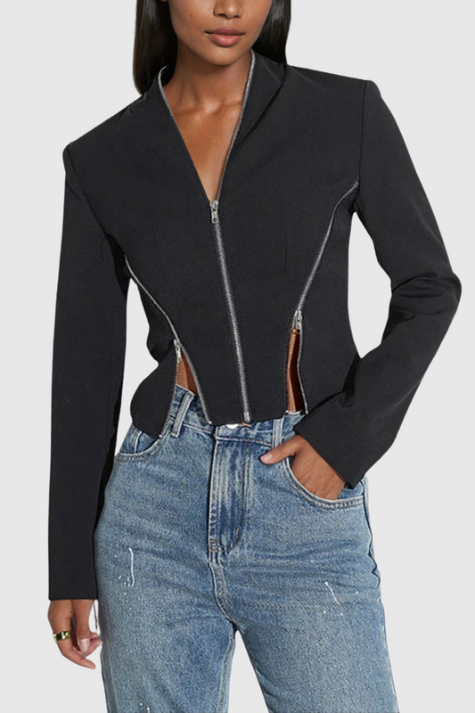 Reshma Zipper V Neck Short Jacket In Black