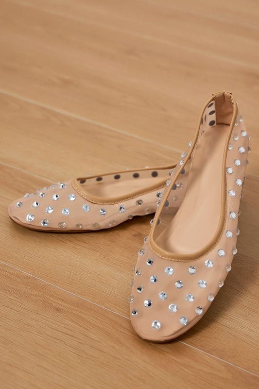 Kateri Rhinestone Embellished Mesh Flats In Apricot