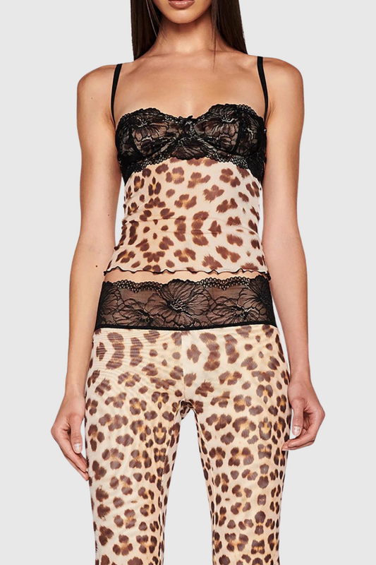 Miamor Lace Patchwork Leopard Spaghetti Top