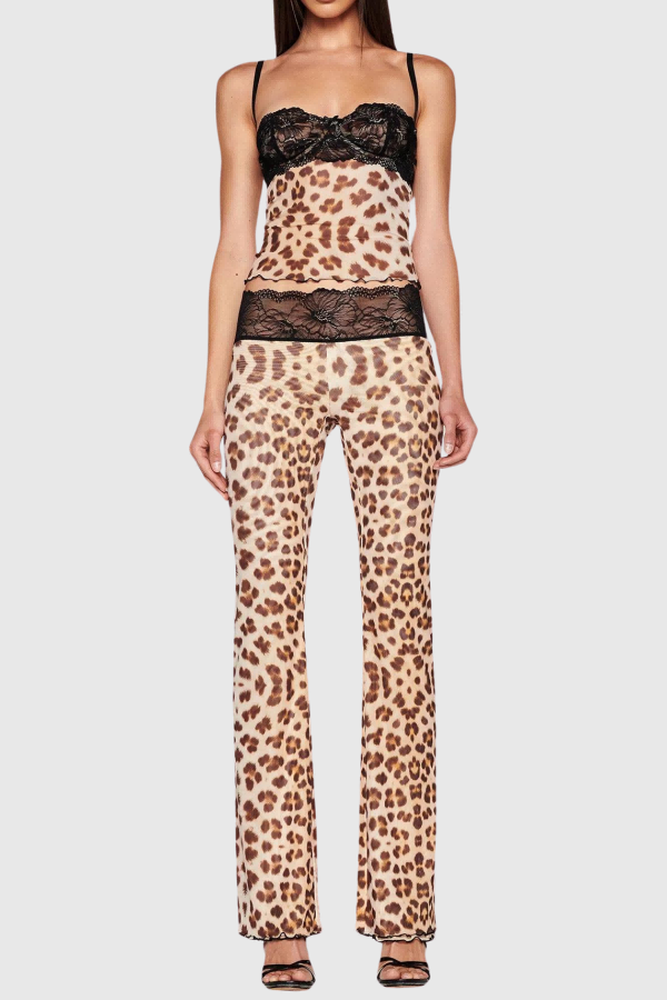 Miamor Lace Patchwork Leopard Spaghetti Top